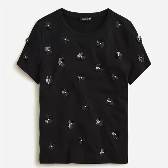 J. Crew Black Embellished Sequin Flower Short Sleeve T-Shirt Size S NWT - Picture 3 of 13